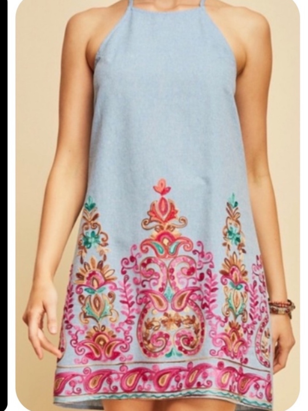 Entro Chambray Denim Blue Embroidered Pink Red Brown Halter Sundress Dress NWT